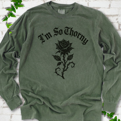 Hemp Comfort Colors® long sleeve T-shirt flat lay with a distressed Gothic blackletter I'm So Thorny rose design.