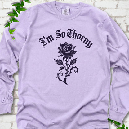 Orchid Comfort Colors® long sleeve T-shirt flat lay with a distressed Gothic blackletter I'm So Thorny rose design.
