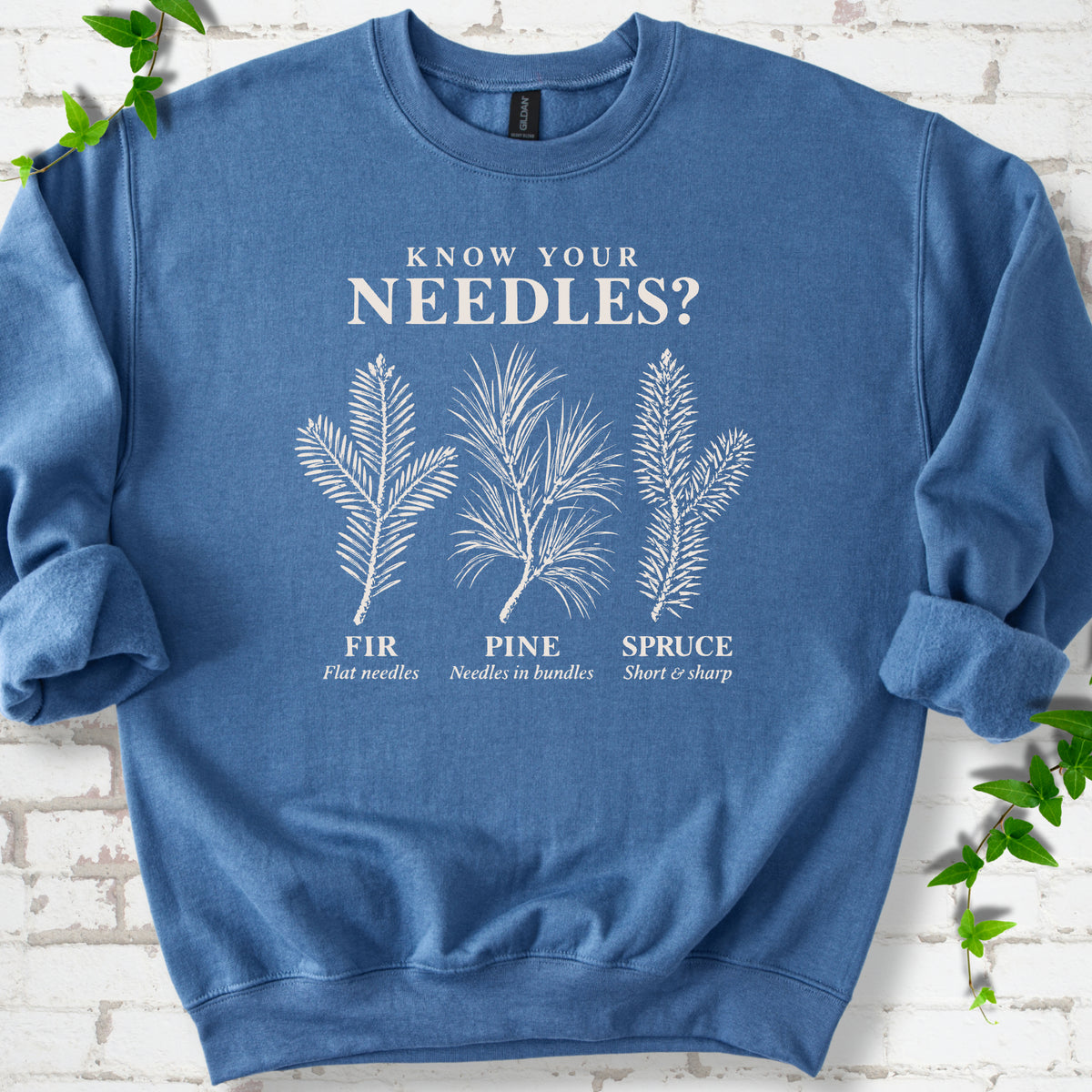 Indigo Blue classic sweatshirt laid flat, showing cream fir, pine and spruce needle illustrations beneath "Know Your Needles?" with identification labels.