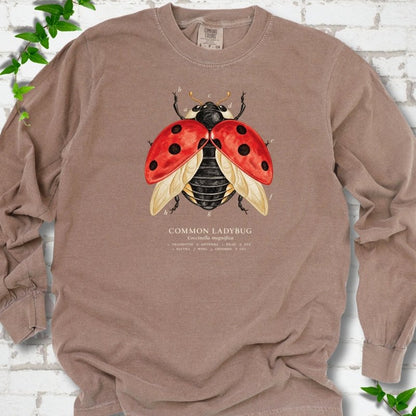 Espresso brown long sleeve T-shirt with an open-winged red ladybug diagram with ivory letter labels a to h and a Common Ladybug caption, flat lay on white brick with ivy