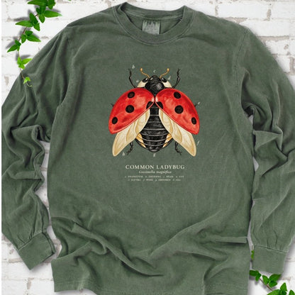 Hemp green long sleeve T-shirt with an open-winged red ladybug diagram with ivory letter labels a to h and a Common Ladybug caption, flat lay on white brick with ivy
