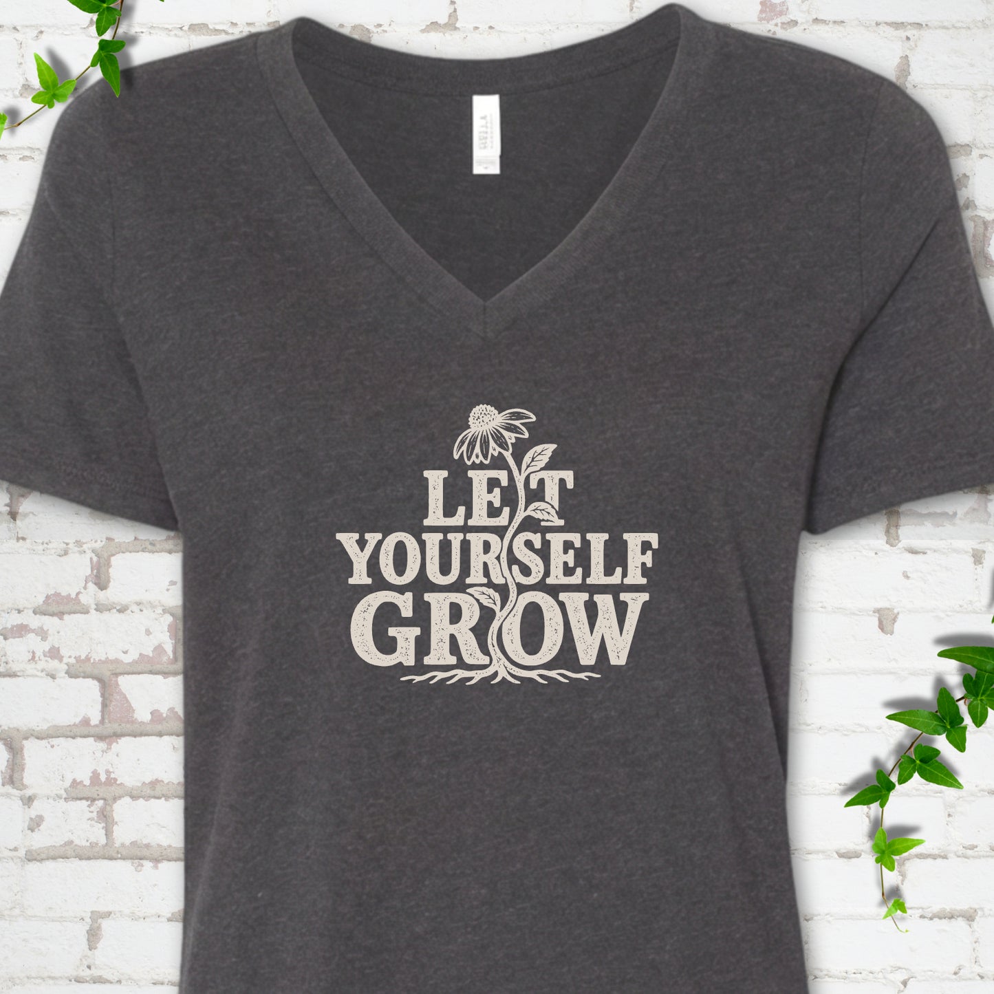 Dark Grey Heather Bella Canvas® V-neck T-shirt with distressed Let Yourself Grow flower graphic