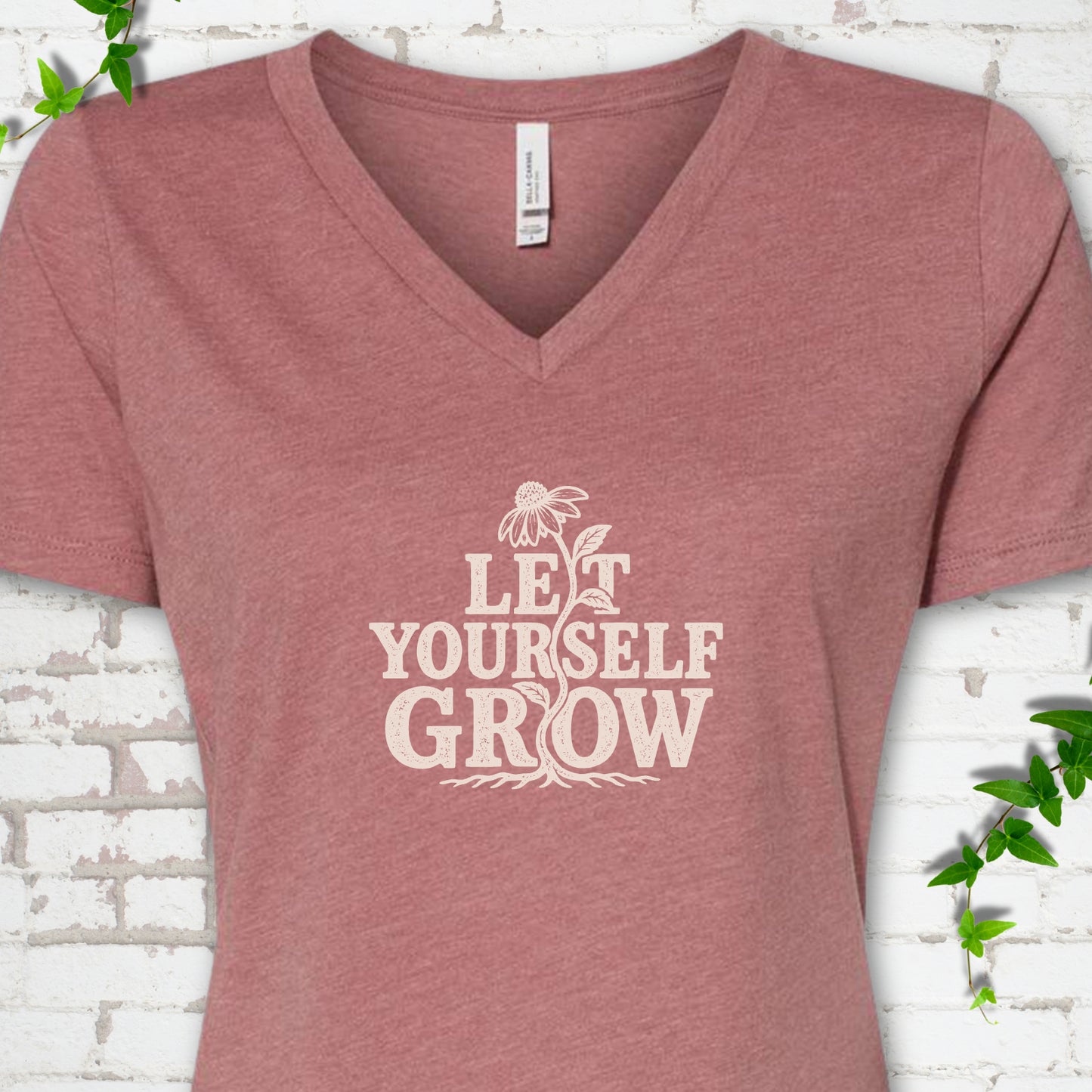Heather Mauve Bella Canvas® V-neck T-shirt with distressed Let Yourself Grow flower graphic