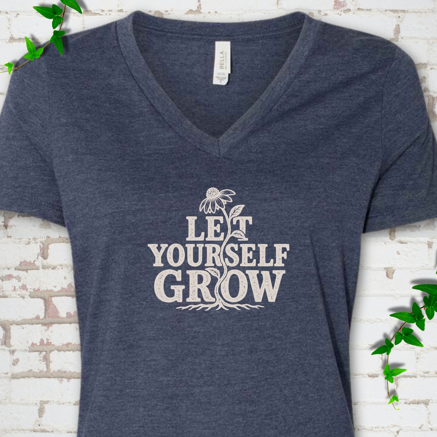 Heather Navy Bella Canvas® V-neck T-shirt with distressed Let Yourself Grow flower graphic
