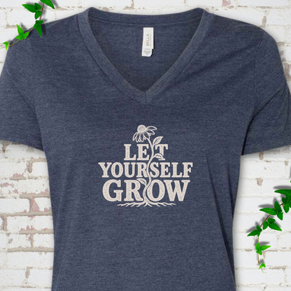 Heather Navy Bella Canvas® V-neck T-shirt with distressed Let Yourself Grow flower graphic