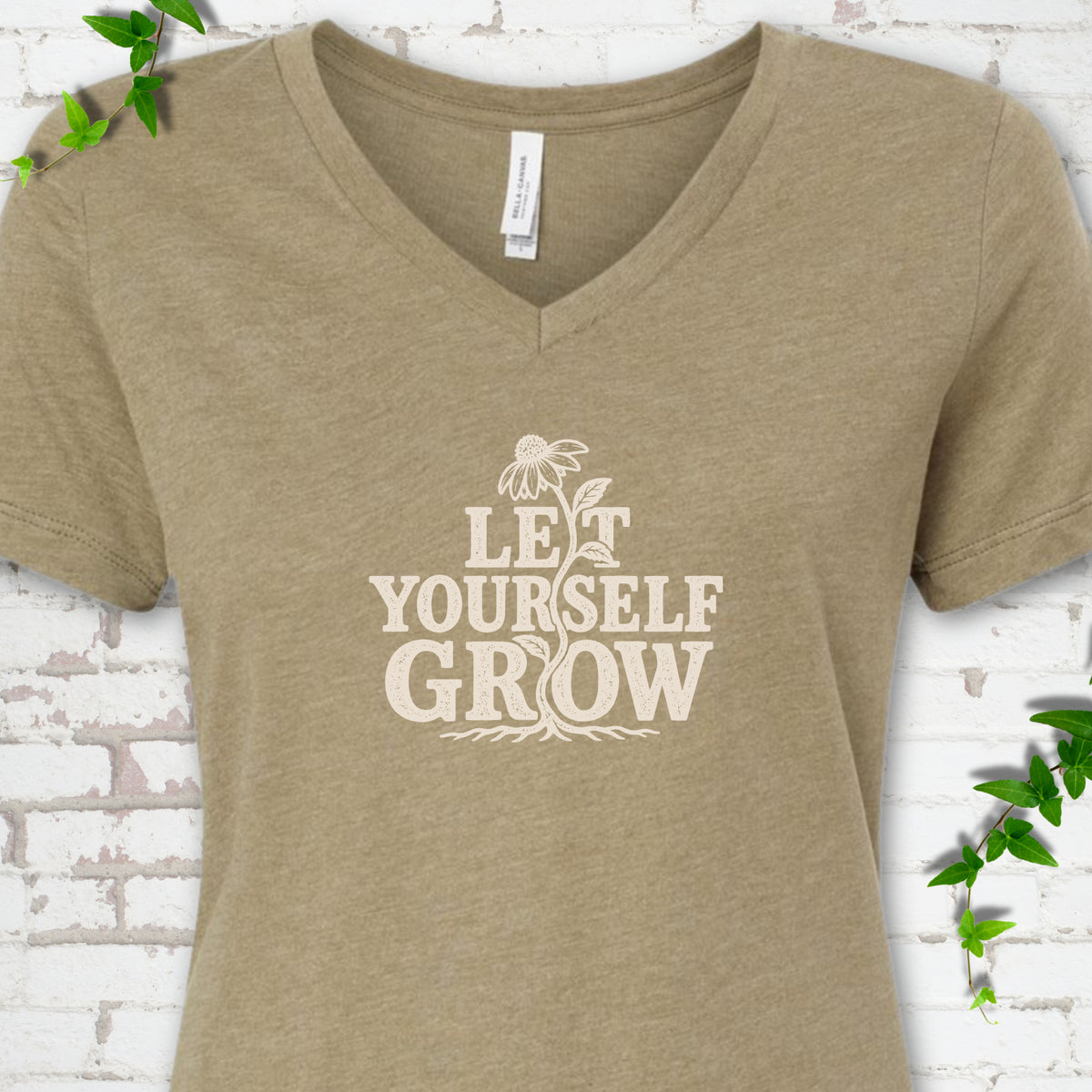 Heather Olive Bella Canvas® V-neck T-shirt with distressed Let Yourself Grow flower graphic