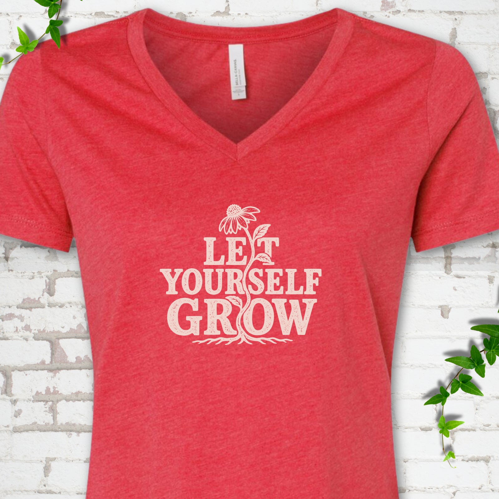 Heather Red Bella Canvas® V-neck T-shirt with distressed Let Yourself Grow flower graphic