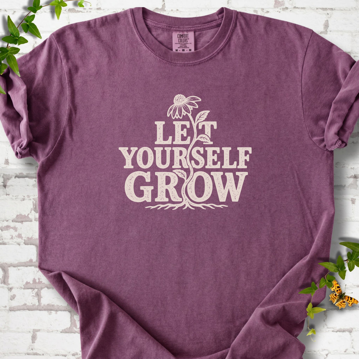Berry Comfort Colors® T-shirt with distressed Let Yourself Grow flower graphic