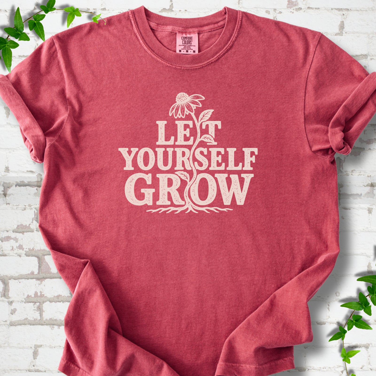 Crimson Comfort Colors® T-shirt with distressed Let Yourself Grow flower graphic