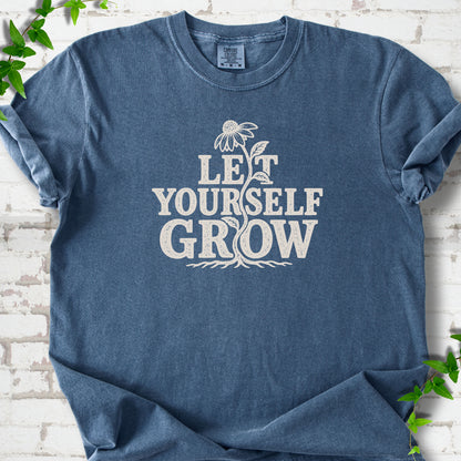 Denim Comfort Colors® T-shirt with distressed Let Yourself Grow flower graphic
