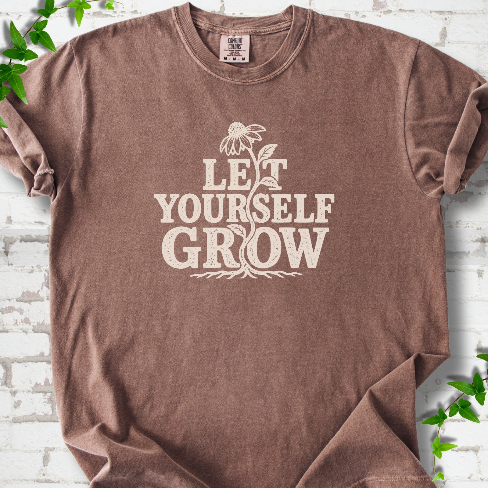 Espresso Comfort Colors® T-shirt with distressed Let Yourself Grow flower graphic