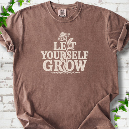 Espresso Comfort Colors® T-shirt with distressed Let Yourself Grow flower graphic