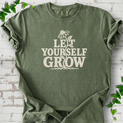Moss Comfort Colors® T-shirt with distressed Let Yourself Grow flower graphic