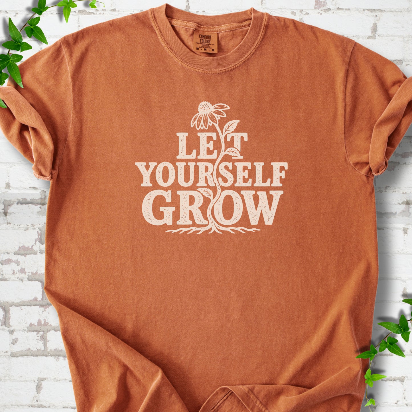Yam Comfort Colors® T-shirt with distressed Let Yourself Grow flower graphic