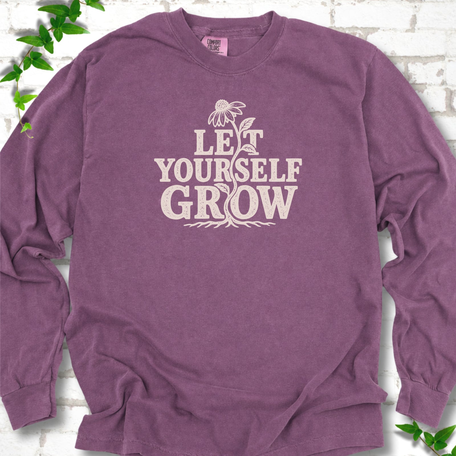 Berry Comfort Colors® long sleeve T-shirt with distressed Let Yourself Grow flower graphic