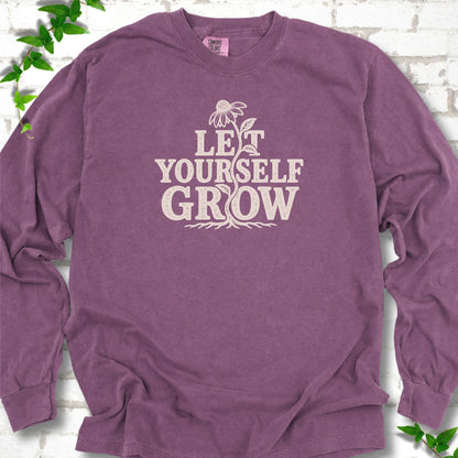 Berry Comfort Colors® long sleeve T-shirt with distressed Let Yourself Grow flower graphic