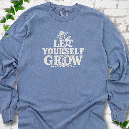 Blue Jean Comfort Colors® long sleeve T-shirt with distressed Let Yourself Grow flower graphic