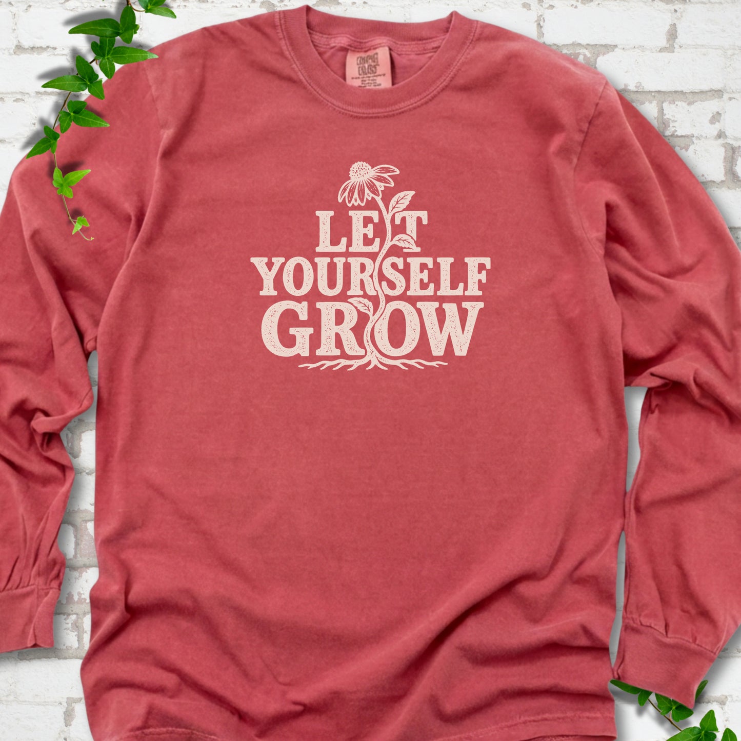 Crimson Comfort Colors® long sleeve T-shirt with distressed Let Yourself Grow flower graphic