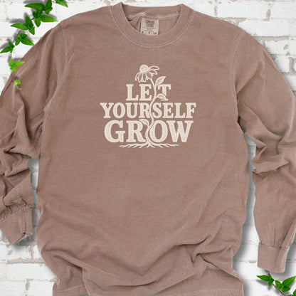Espresso Comfort Colors® long sleeve T-shirt with distressed Let Yourself Grow flower graphic