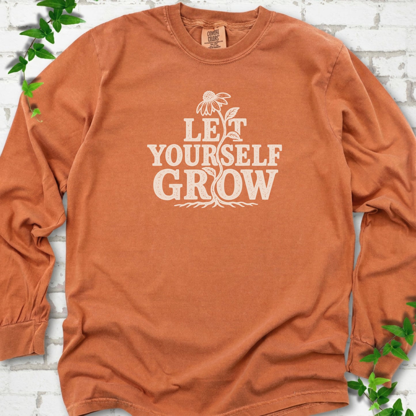 Yam Comfort Colors® long sleeve T-shirt with distressed Let Yourself Grow flower graphic