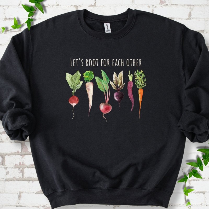 Black Gildan® 18000 crewneck sweatshirt with Let's Root For Each Other root vegetable design