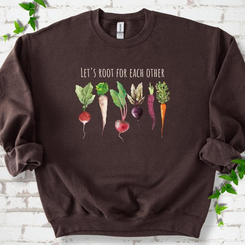 Dark Chocolate Gildan® 18000 crewneck sweatshirt with Let's Root For Each Other root vegetable design