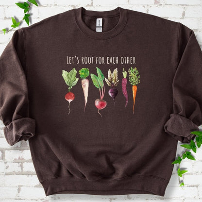 Dark Chocolate Gildan® 18000 crewneck sweatshirt with Let's Root For Each Other root vegetable design