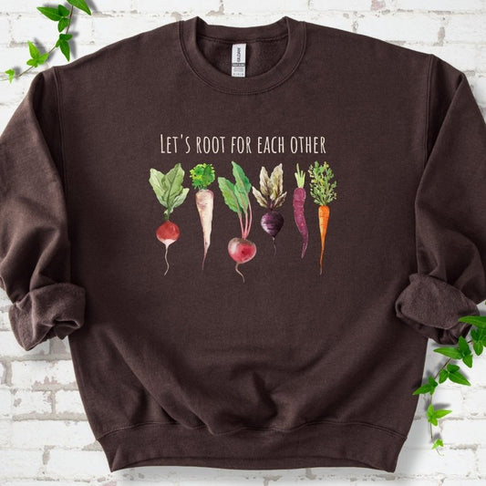Dark Chocolate Gildan® 18000 crewneck sweatshirt with Let's Root For Each Other root vegetable design