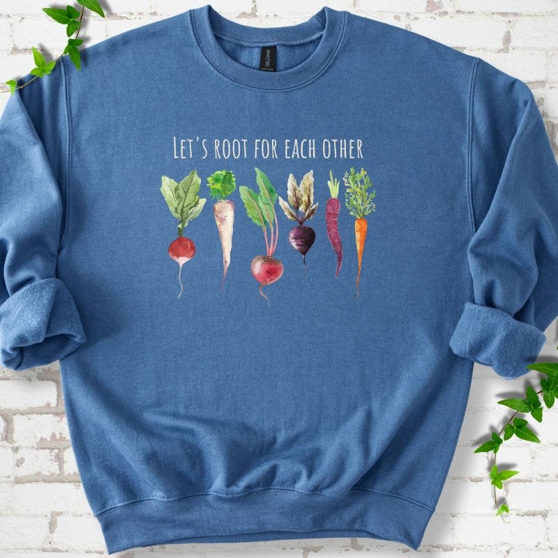 Indigo Blue Gildan® 18000 crewneck sweatshirt with Let's Root For Each Other root vegetable design