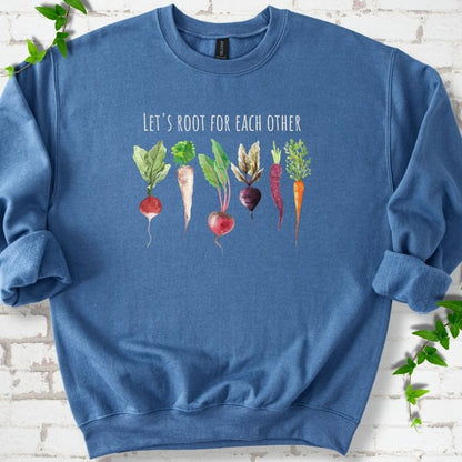 Indigo Blue Gildan® 18000 crewneck sweatshirt with Let's Root For Each Other root vegetable design