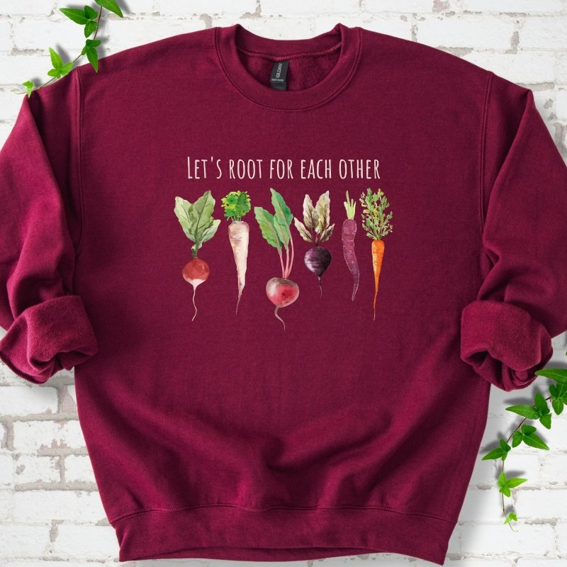 Maroon Gildan® 18000 crewneck sweatshirt with Let's Root For Each Other root vegetable design