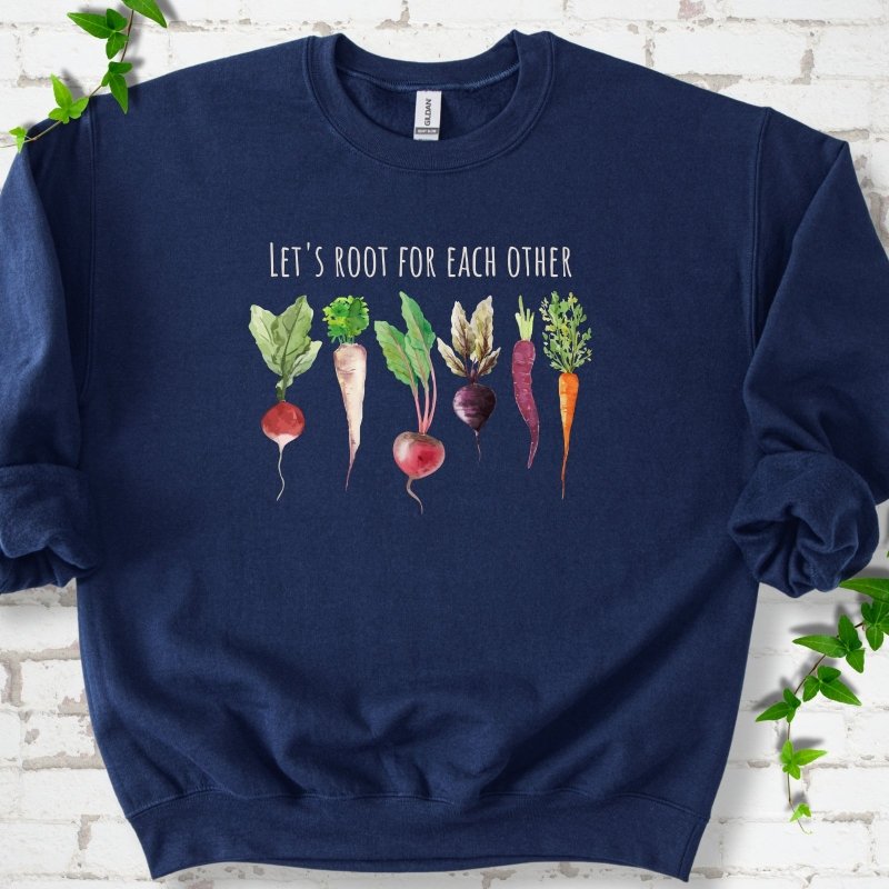 Navy Gildan® 18000 crewneck sweatshirt with Let's Root For Each Other root vegetable design