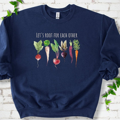 Navy Gildan® 18000 crewneck sweatshirt with Let's Root For Each Other root vegetable design