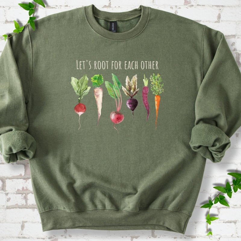 Military Green Gildan® 18000 crewneck sweatshirt with Let's Root For Each Other root vegetable design