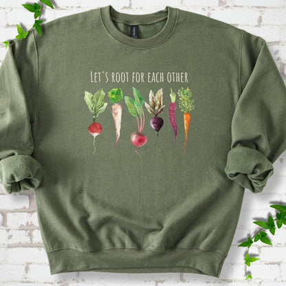 Military Green Gildan® 18000 crewneck sweatshirt with Let's Root For Each Other root vegetable design
