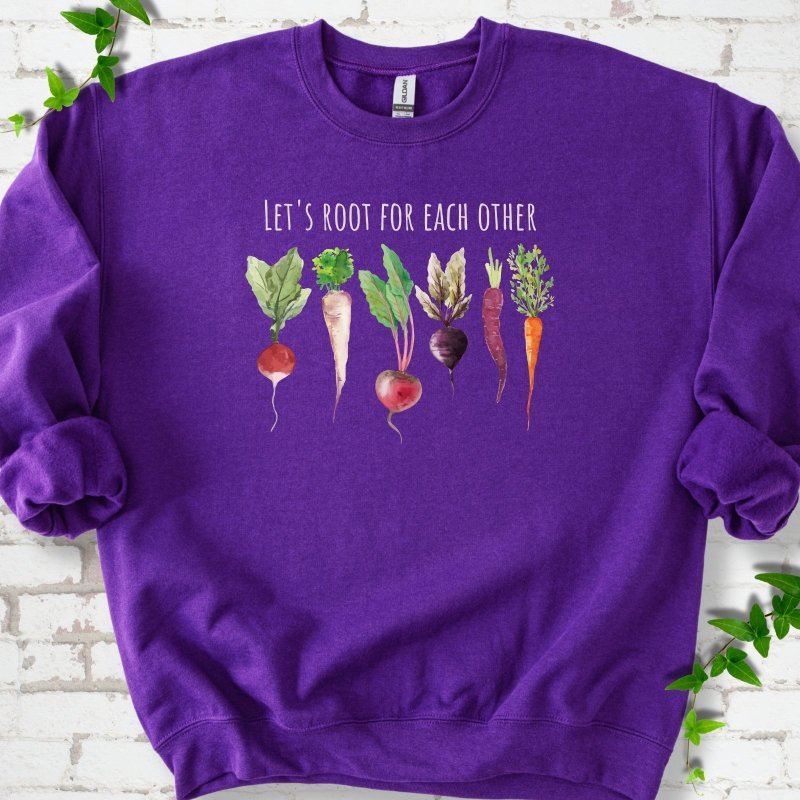 Purple Gildan® 18000 crewneck sweatshirt with Let's Root For Each Other root vegetable design