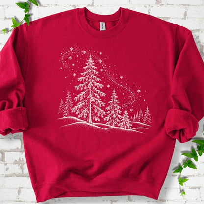 Cardinal Red sweatshirt flat lay with white snow-covered spruce and pine forest design