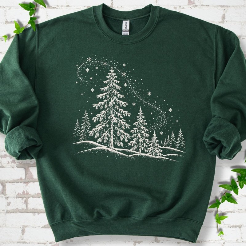 Forest Green sweatshirt flat lay with white snow-covered spruce and pine forest design