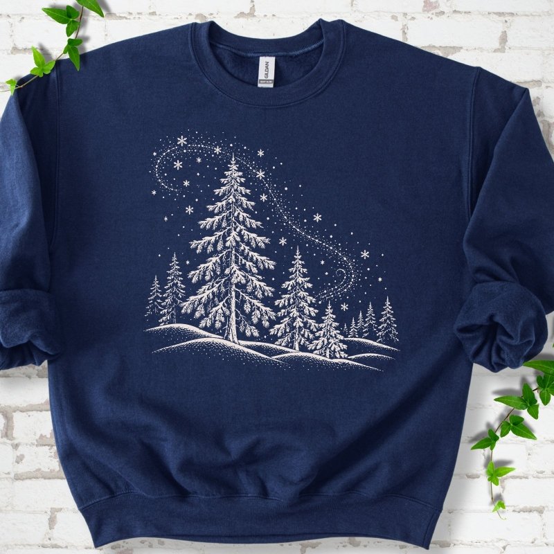 Navy sweatshirt flat lay with white snow-covered spruce and pine forest design