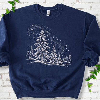 Navy sweatshirt flat lay with white snow-covered spruce and pine forest design