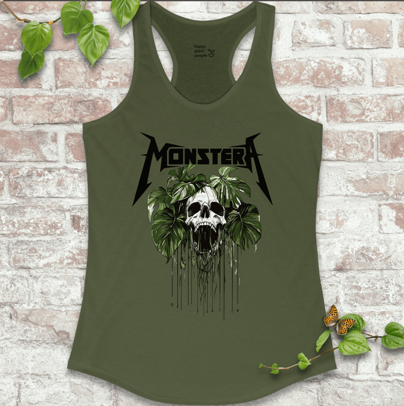 Ladies racerback tank top in green with a bold skull and Monstera leaf design. Sleeveless houseplant shirt for plant lovers with attitude.