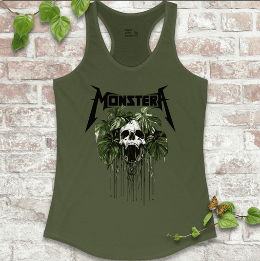Ladies racerback tank top in green with a bold skull and Monstera leaf design. Sleeveless houseplant shirt for plant lovers with attitude.