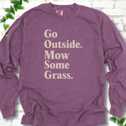 Berry Comfort Colors® long sleeve T-shirt with cream Go Outside. Mow Some Grass. slogan