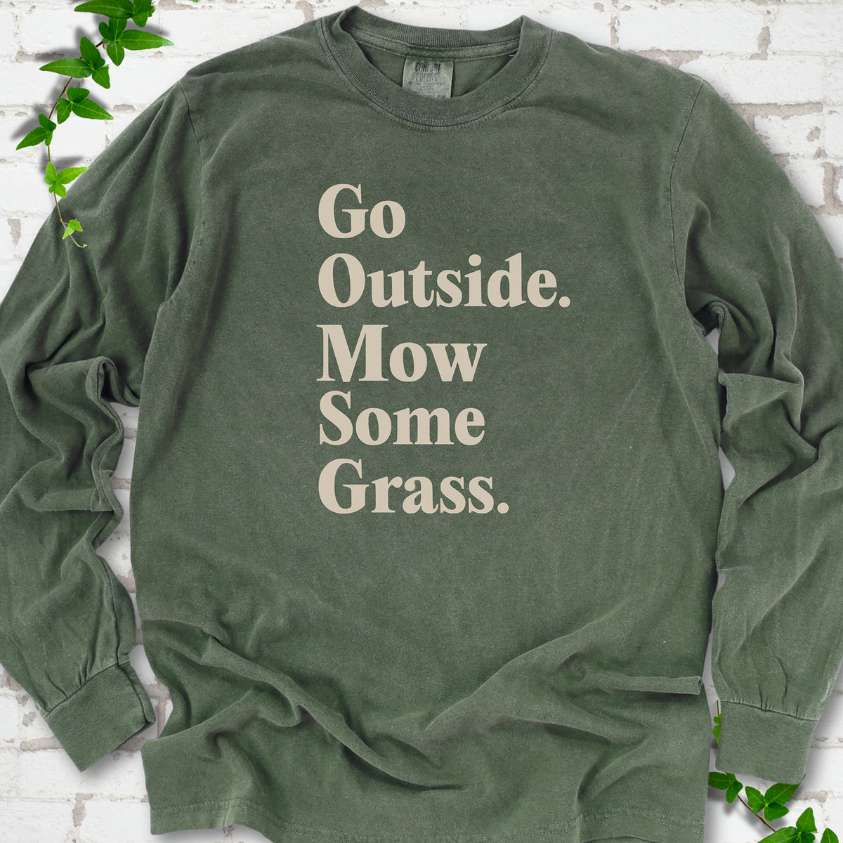 Hemp Comfort Colors® long sleeve T-shirt with cream Go Outside. Mow Some Grass. slogan