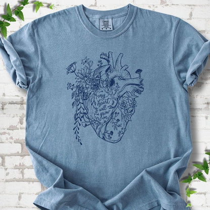 Blue Jean Comfort Colors® T-shirt front mockup with a botanical anatomical heart and My Heart Will Grow On lettering.