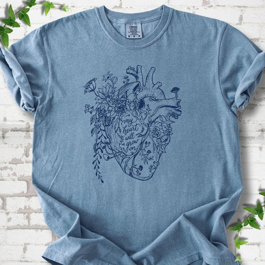 Blue Jean Comfort Colors® T-shirt front mockup with a botanical anatomical heart and My Heart Will Grow On lettering.