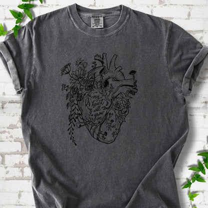 Pepper Comfort Colors® T-shirt front mockup with a botanical anatomical heart and My Heart Will Grow On lettering.