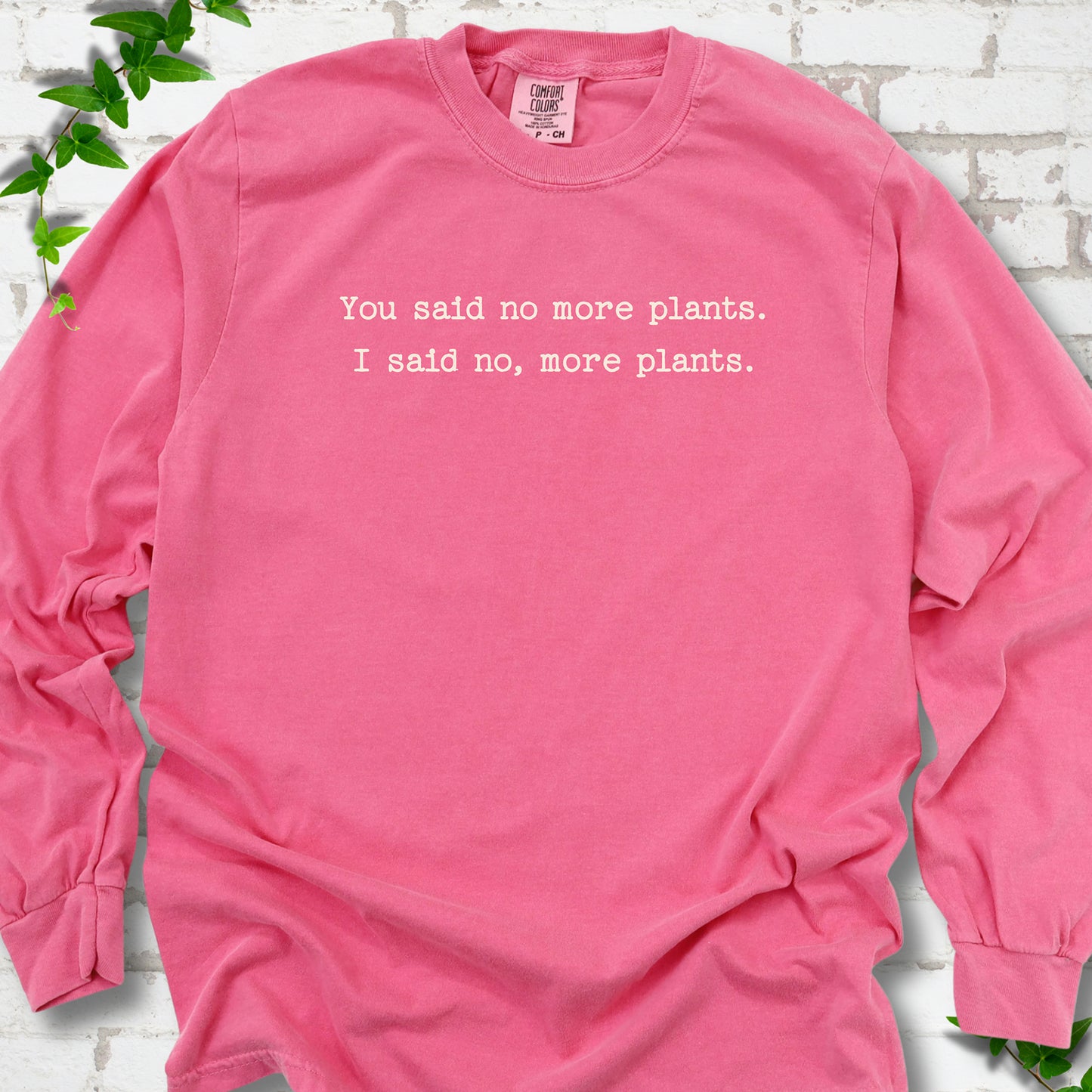 Crunchberry Comfort Colors® long sleeve T-shirt flat lay featuring the words You said no more plants. I said no, more plants.