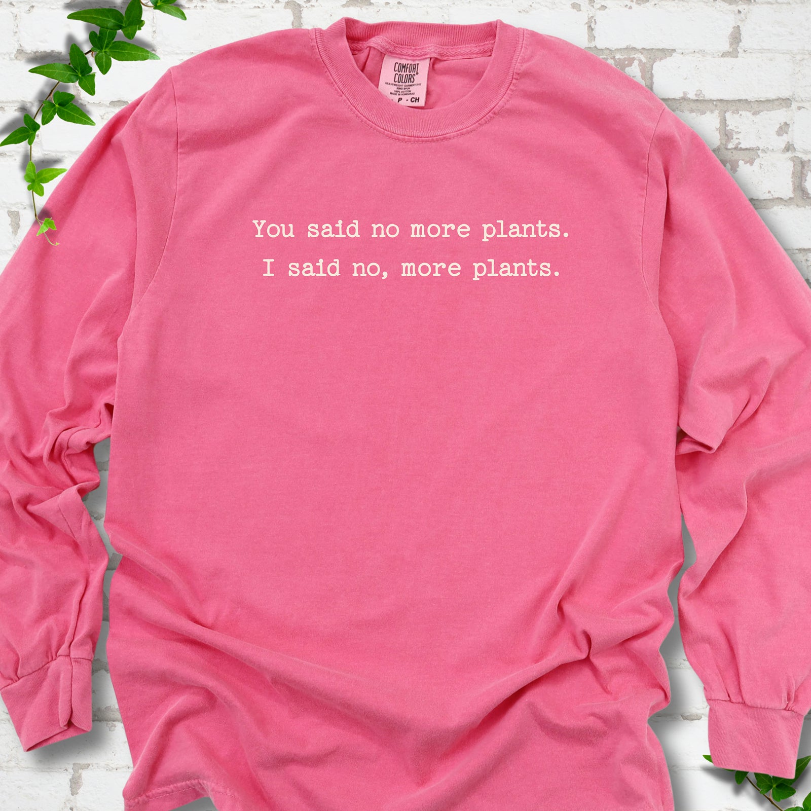 Crunchberry Comfort Colors® long sleeve T-shirt flat lay featuring the words You said no more plants. I said no, more plants.