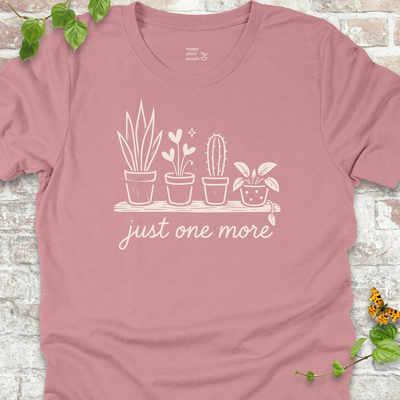 Lightweight funny plant lover tee with hand-drawn houseplants on a soft dusty pink shirt